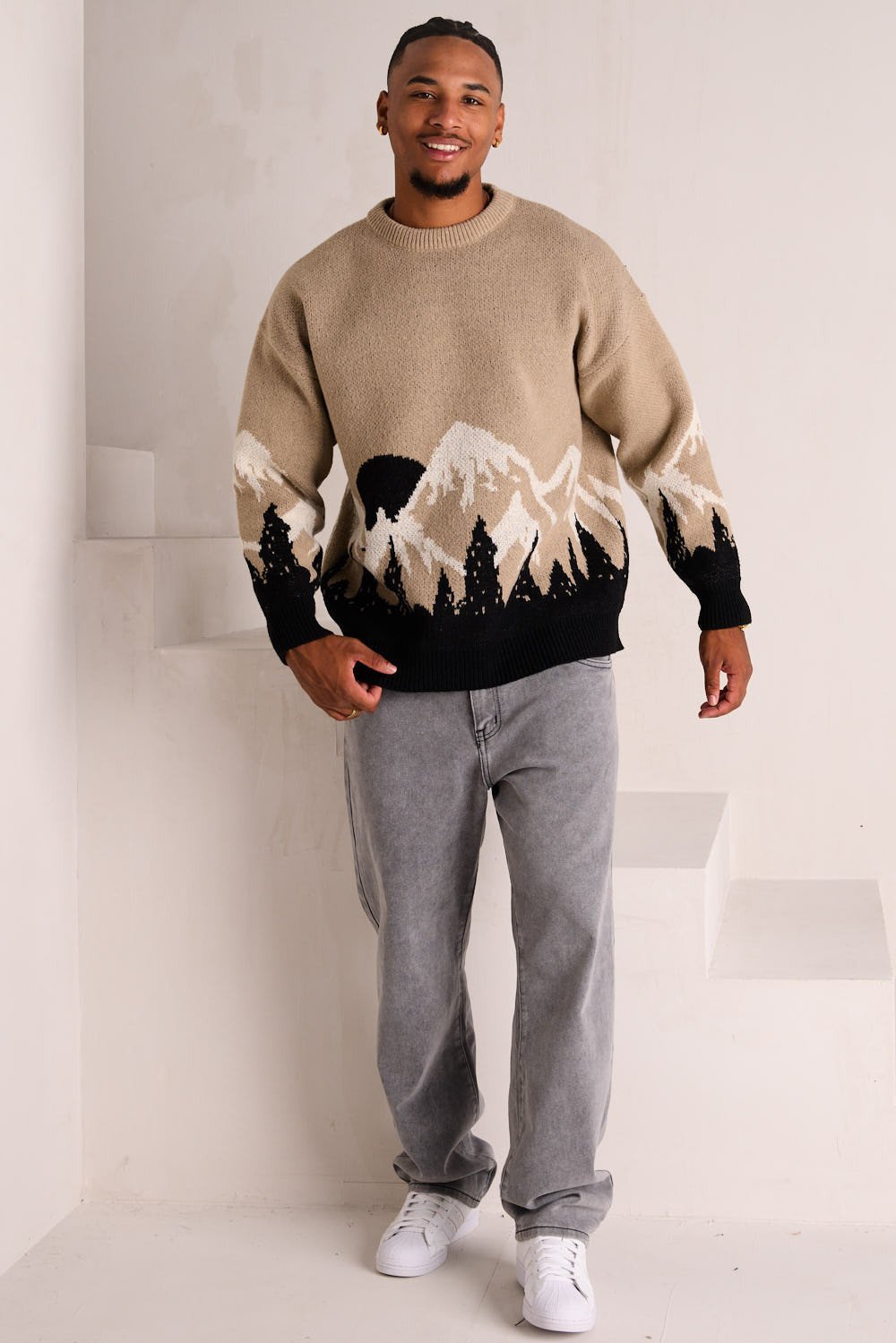 Pull maille b motif paysage taupe