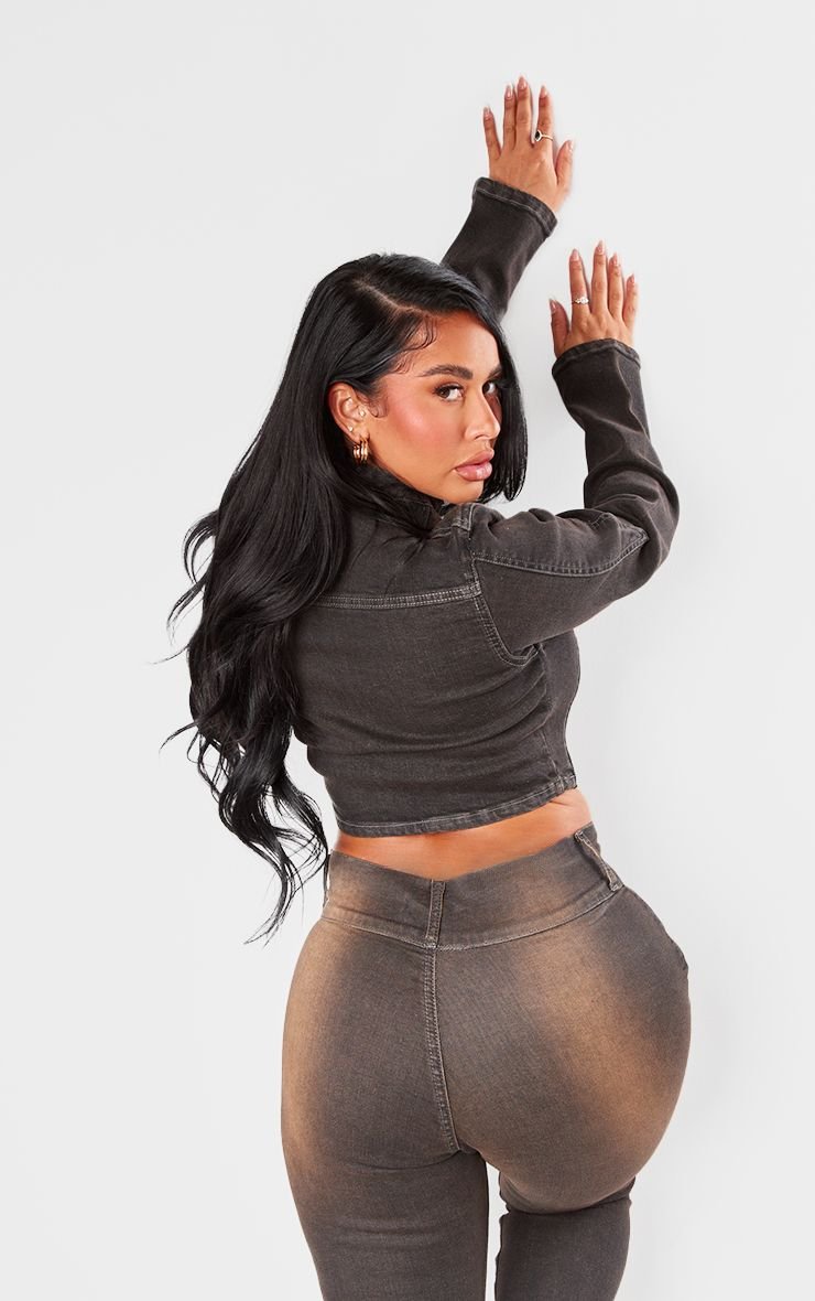 Shape Brown Washed Denim Cropped Fitted Jacket