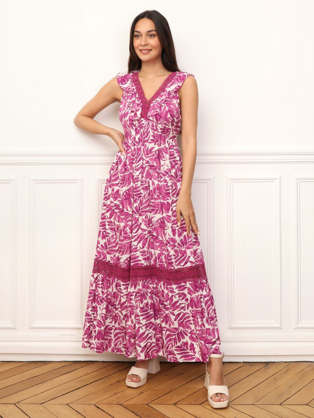 Fuchsia leaf print maxi dress with lace