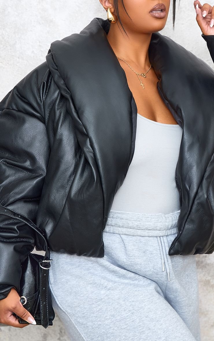 Cropped PU Exaggerated Collar Puffer Coat