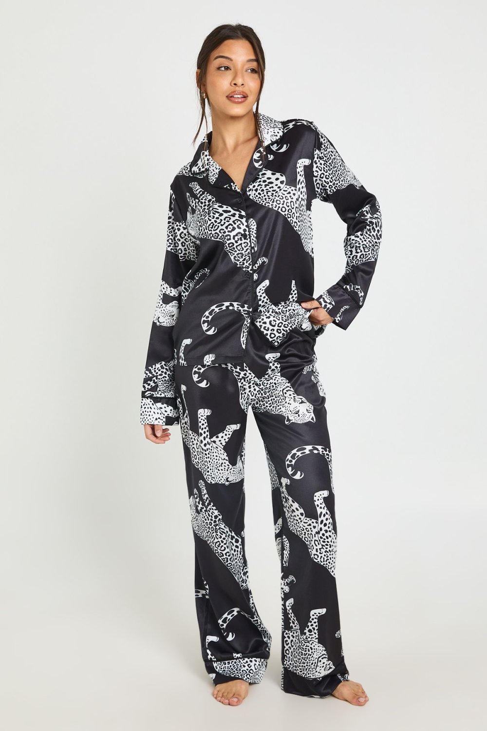 Leopard print satin top and trouser pyjama set
