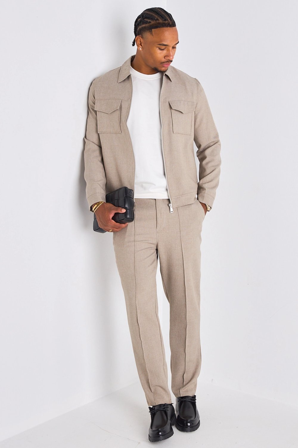 Beige jacket and straight trousers set