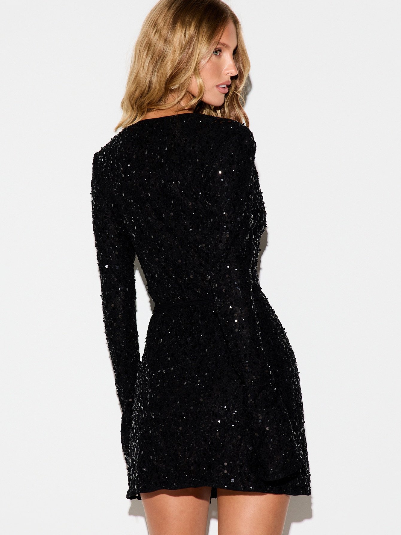 Sequin plunge V-neck mini dress with bell sleeves