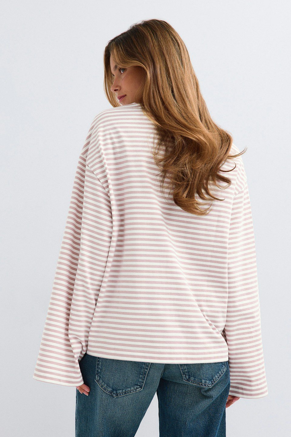 T-shirt rayé à manches longues larges - Rose