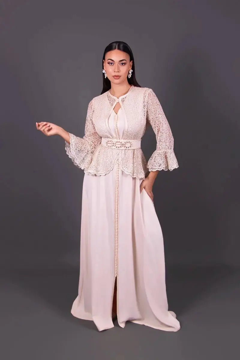 Crepe kaftan with beige peplum lace jacket