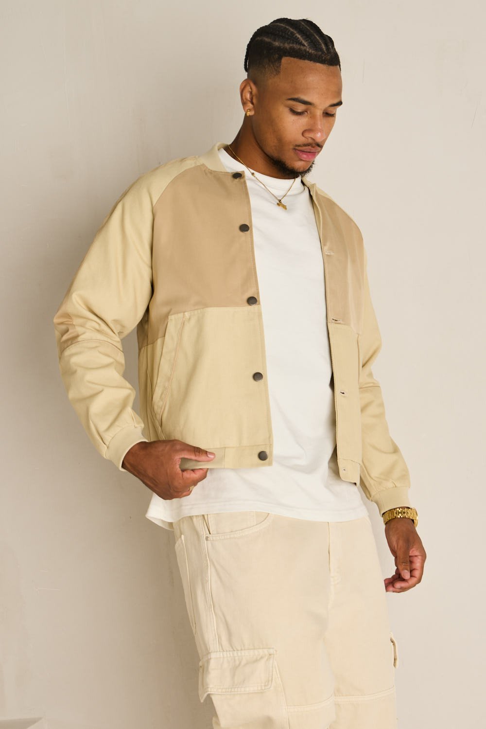 Beige mixed-fabric bomber jacket