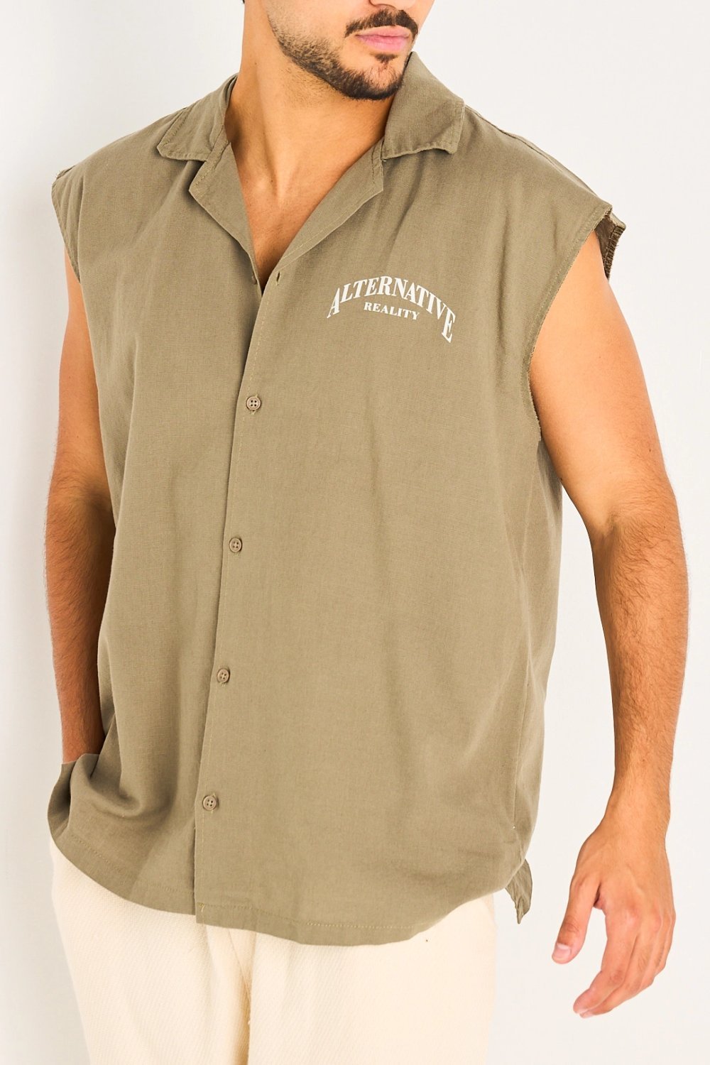 Chemise sans manches à inscription et étoile kaki