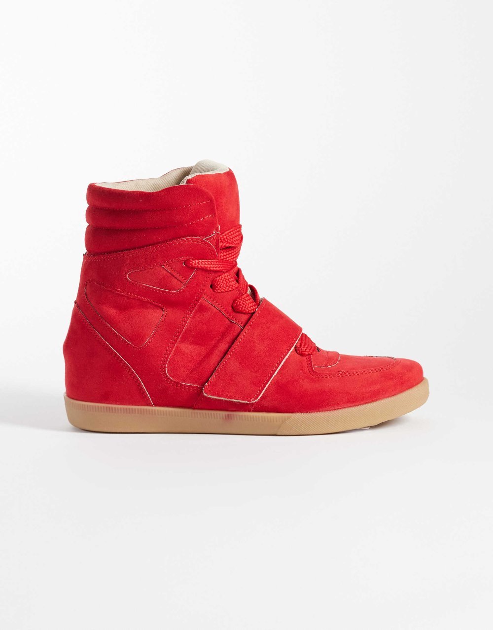 Hidden wedge faux suede trainers in red