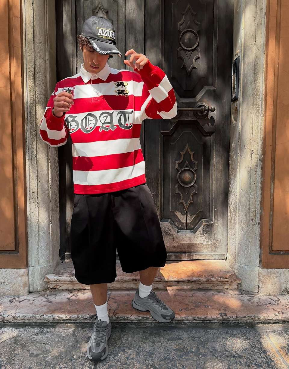 Long sleeve striped polo shirt in red