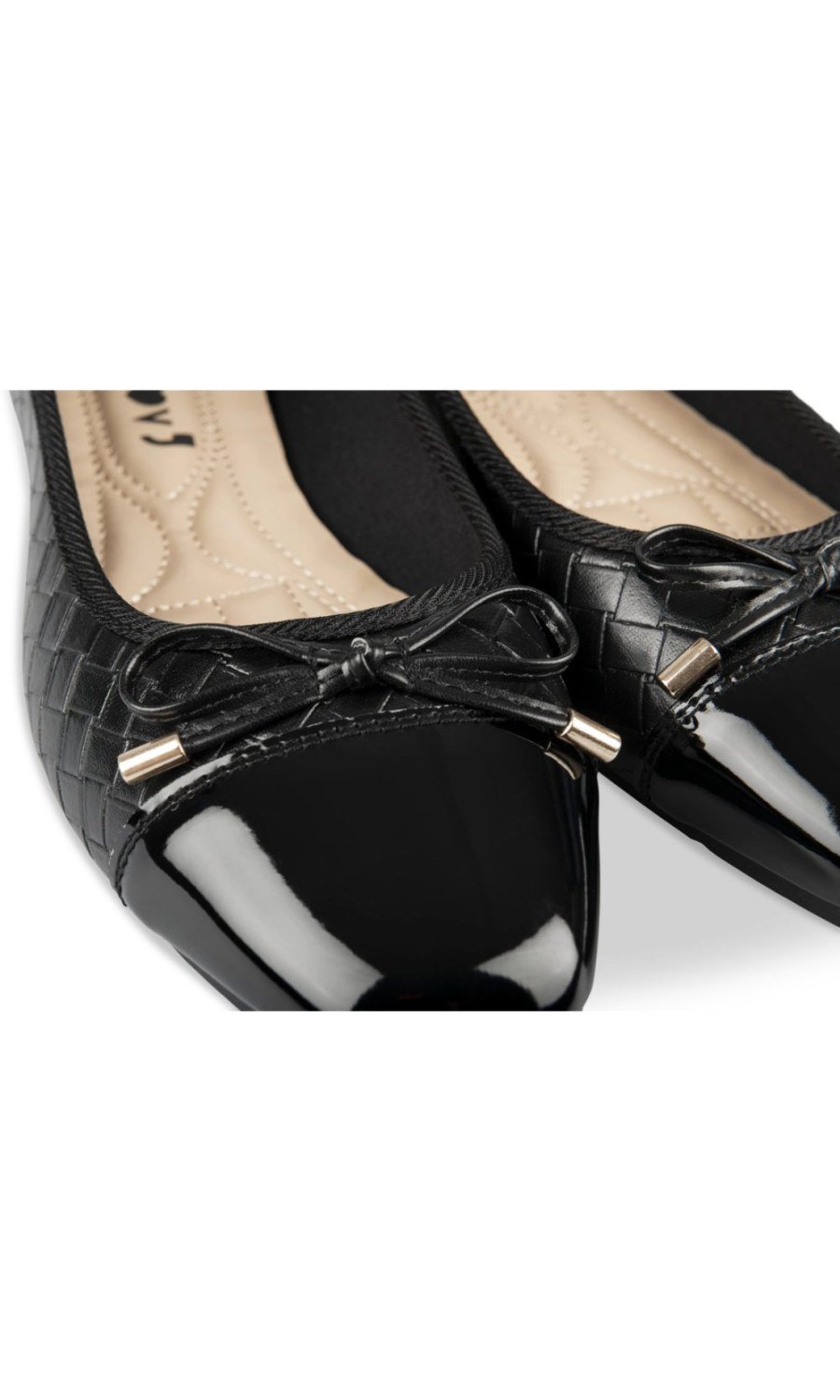 Black woven-texture ballerinas, patent toe