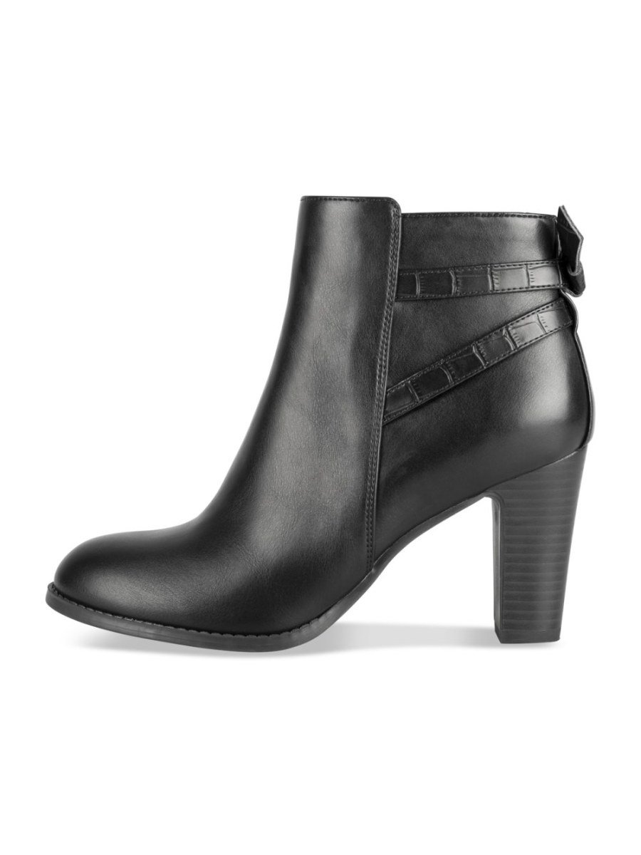 Black block-heel boots, croc-effect straps