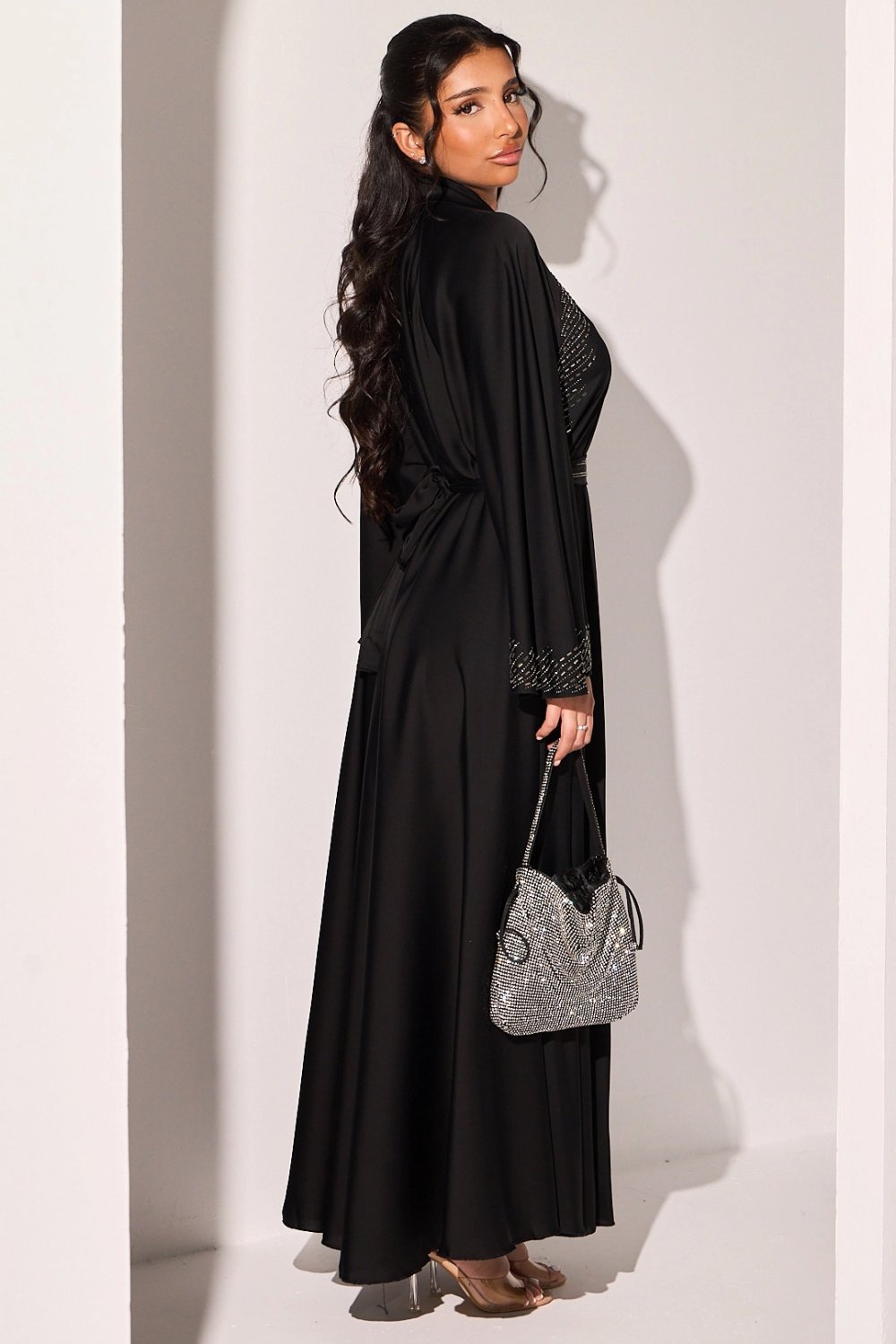 Black abaya with rectangle rhinestone stripes