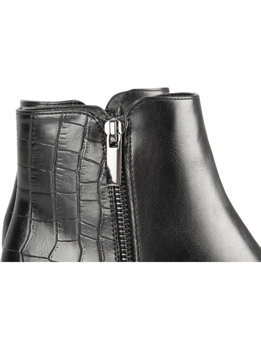 Bottines talon carré effet croco noires