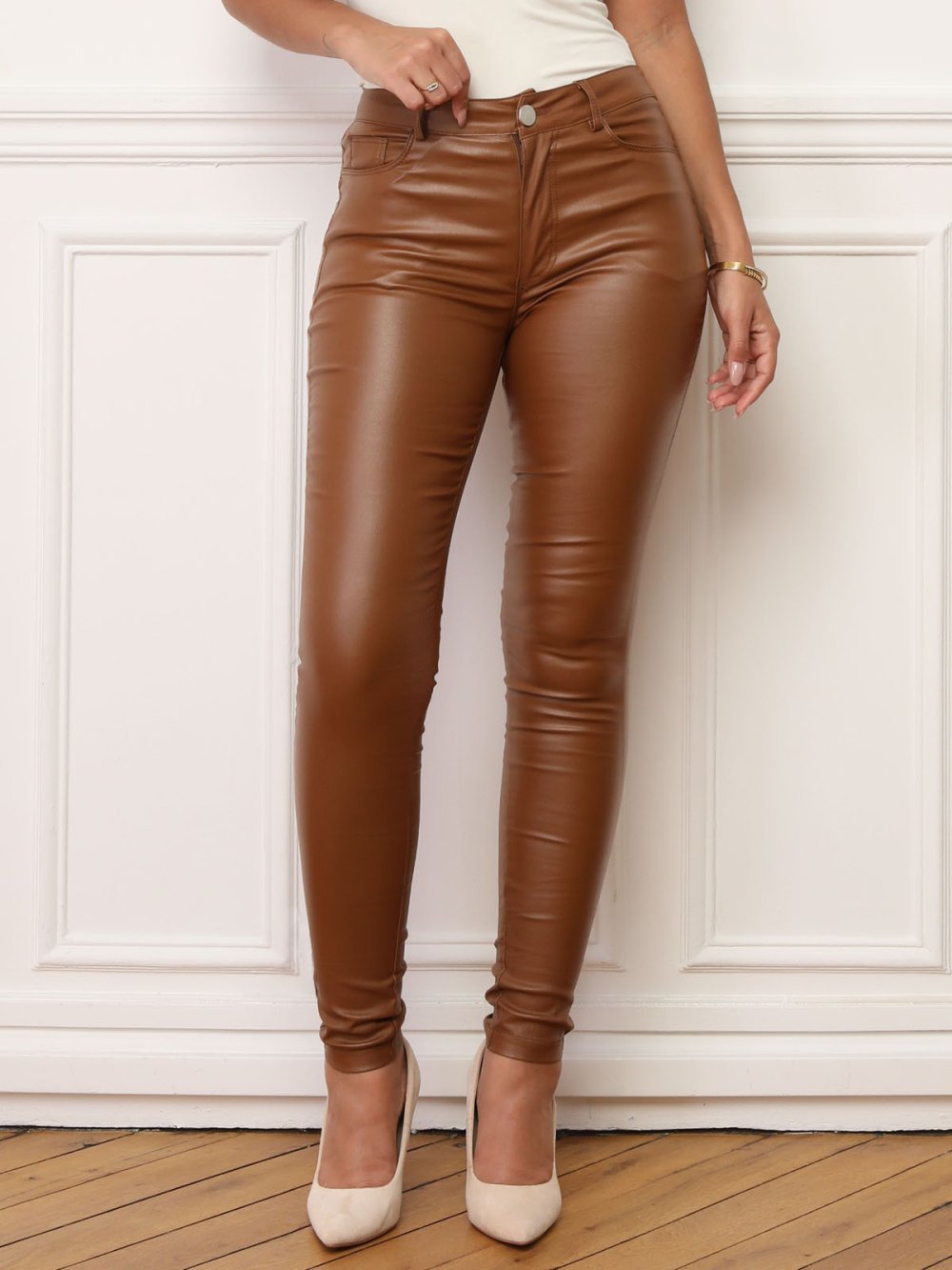 Pantalon slim enduit push-up camel