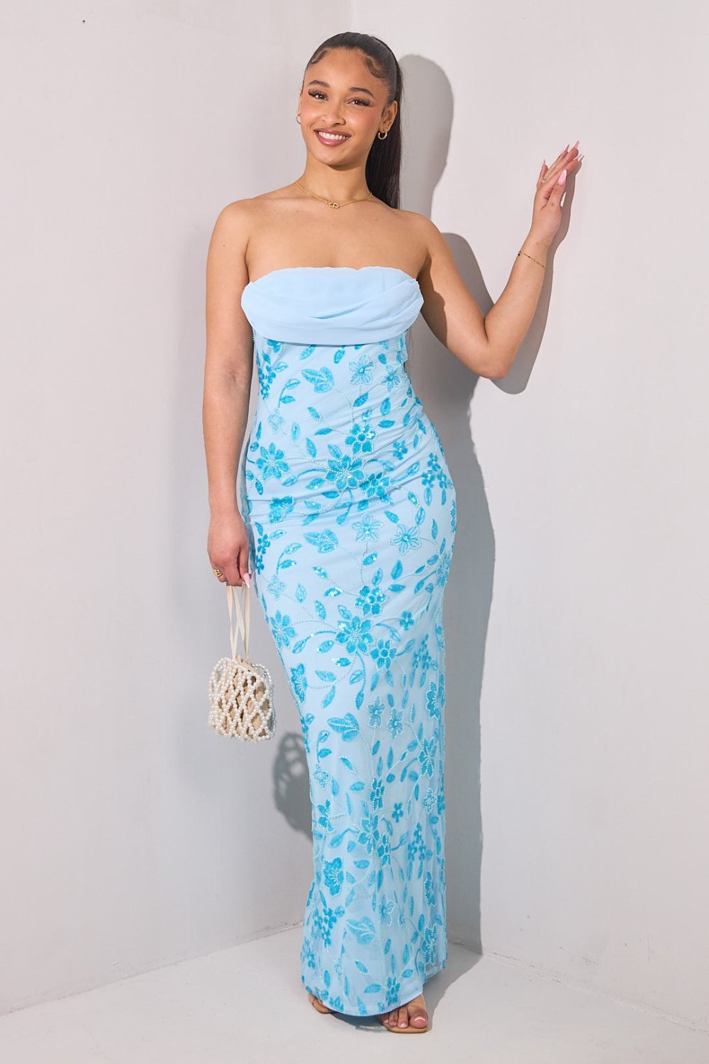 Robe bustier twila droite b perles bleu ciel