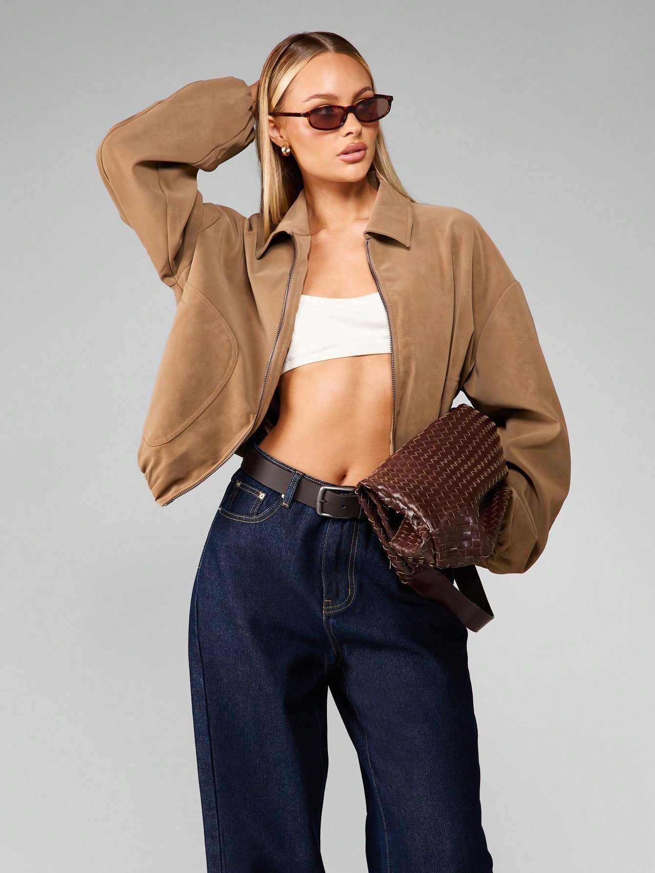 Blouson Aviateur Court En Daim Avec Col Et Fermeture Éclair