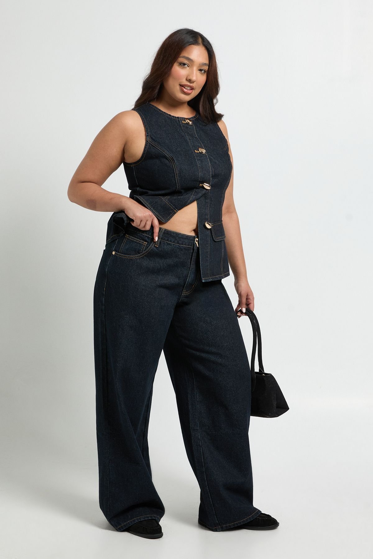 Jean Grande Taille Jambe Large En Denim Avec Coutures Contrastantes