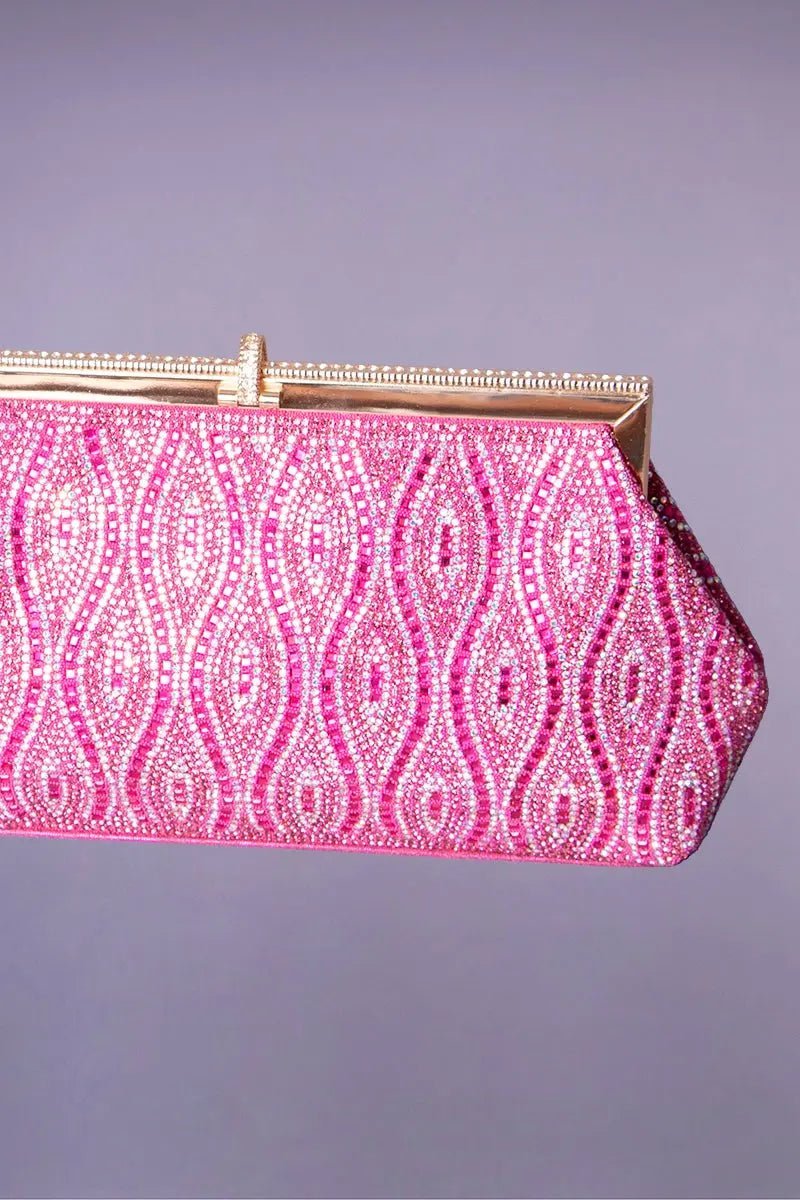 Fuchsia evening bag with paisley rhinestones