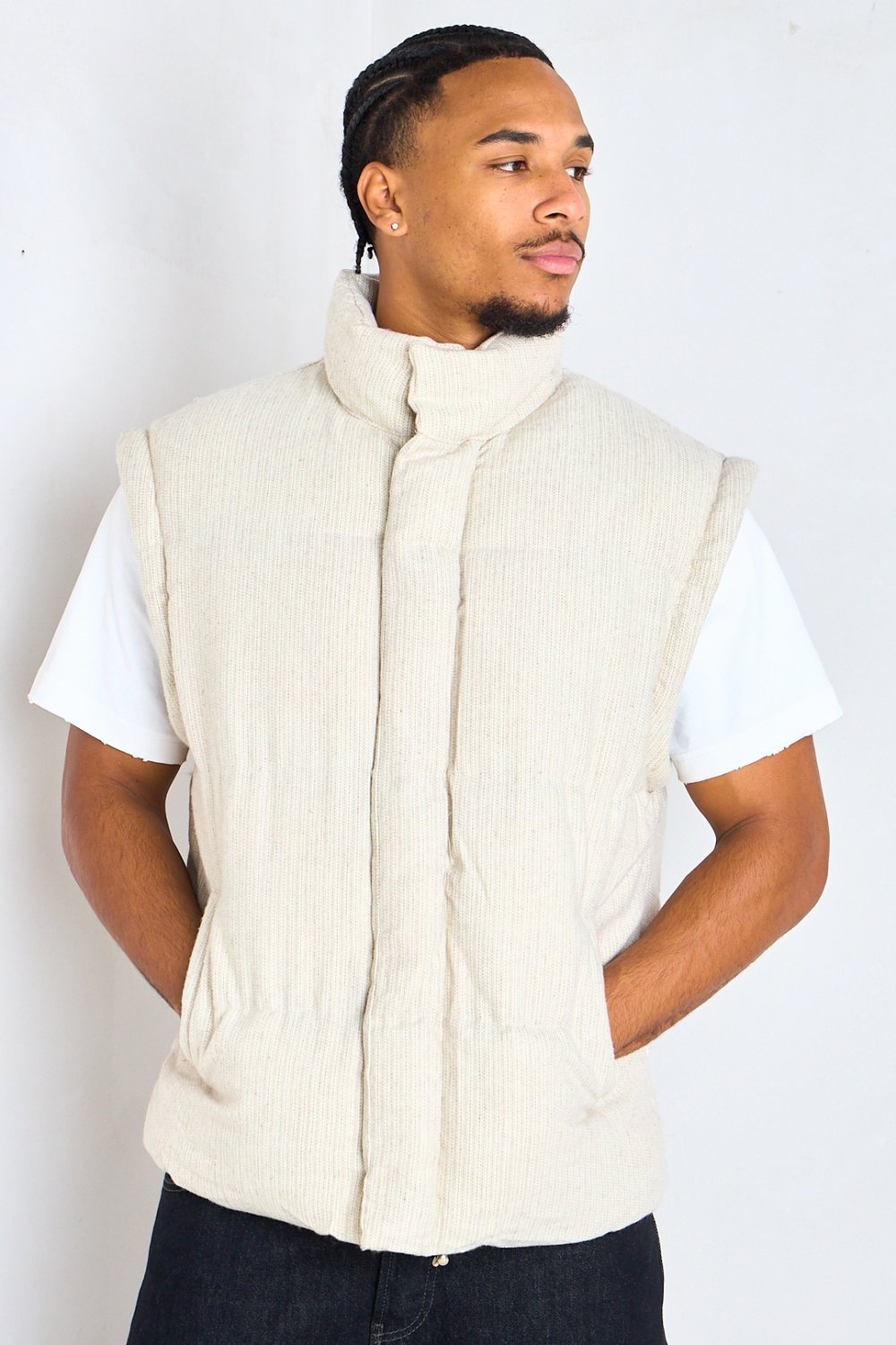Beige striped padded jacket with high neck