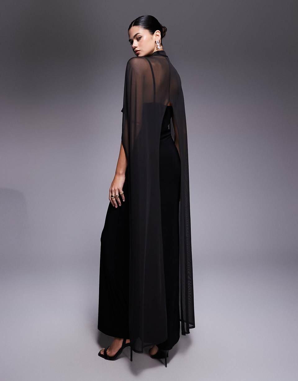 Maxi dress with oversized cape detail - Black