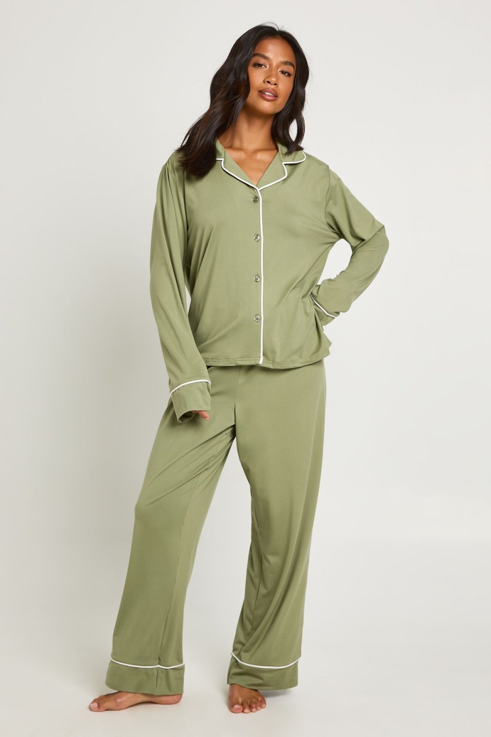 Pyjama chemise et pantalon vert sauge - Petite