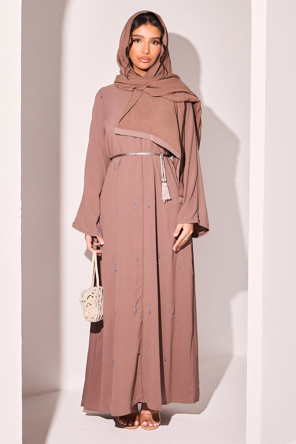 Brown abaya with ear and flower rhinestones