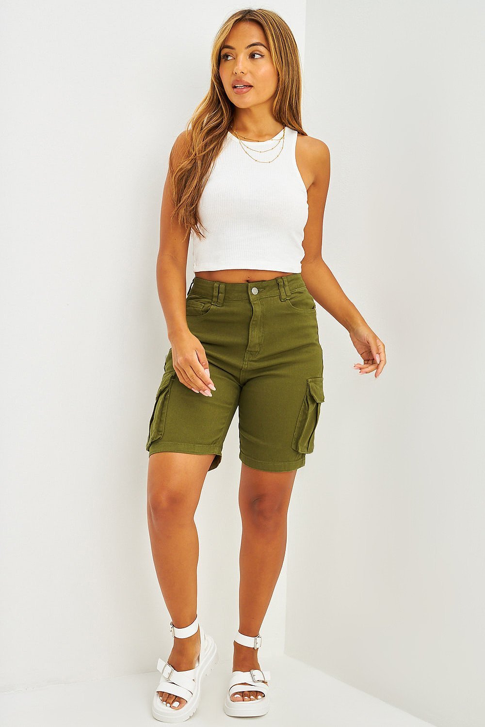 Khaki denim cargo shorts