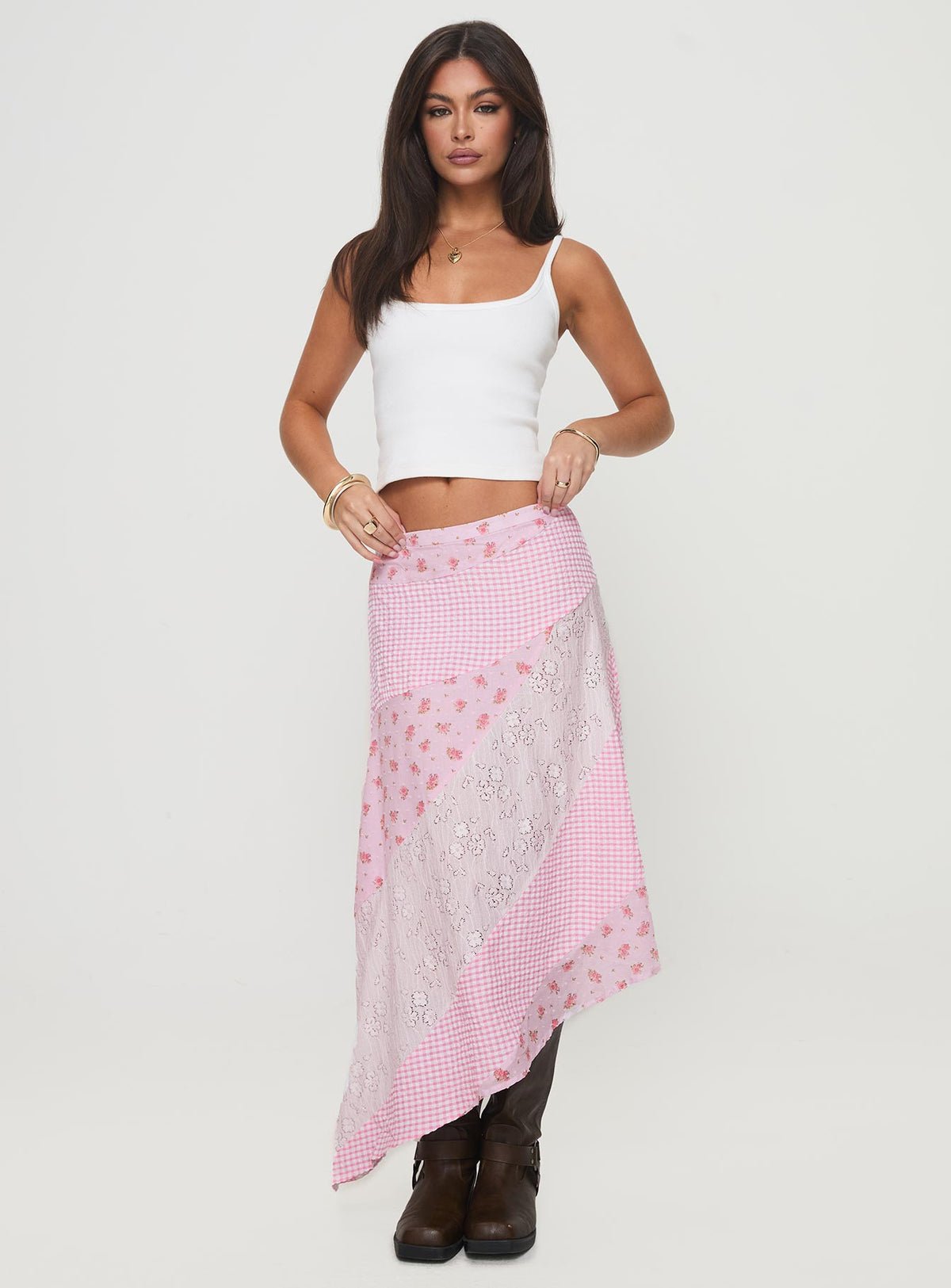 Printed asymmetric maxi skirt with lace