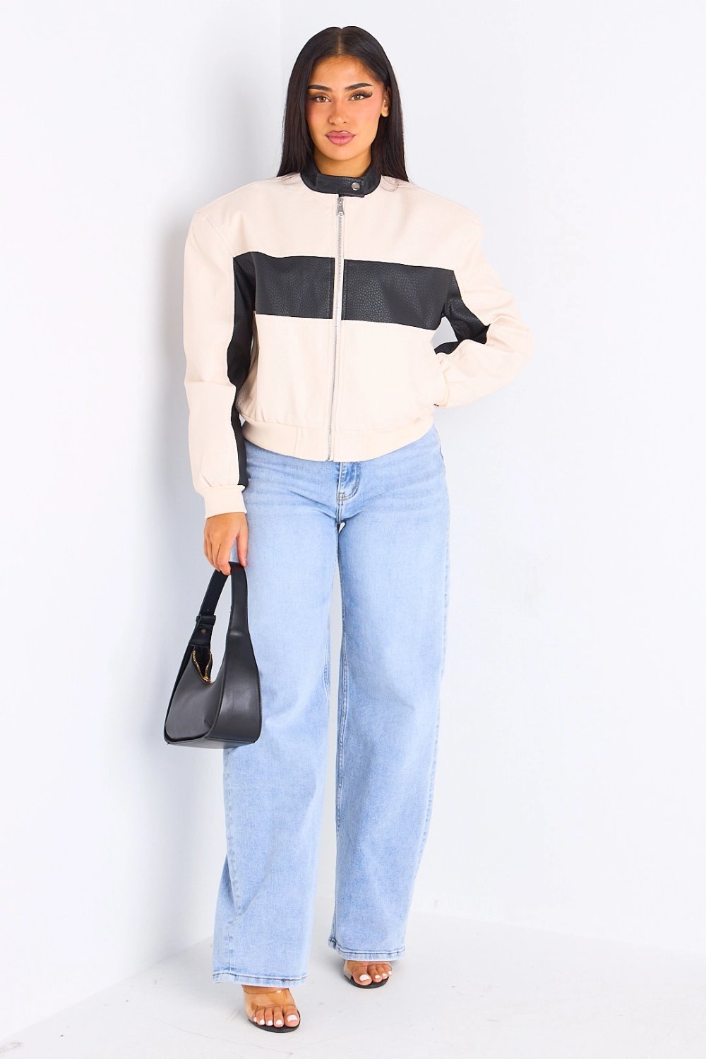 Veste bicolore en simili cuir beige