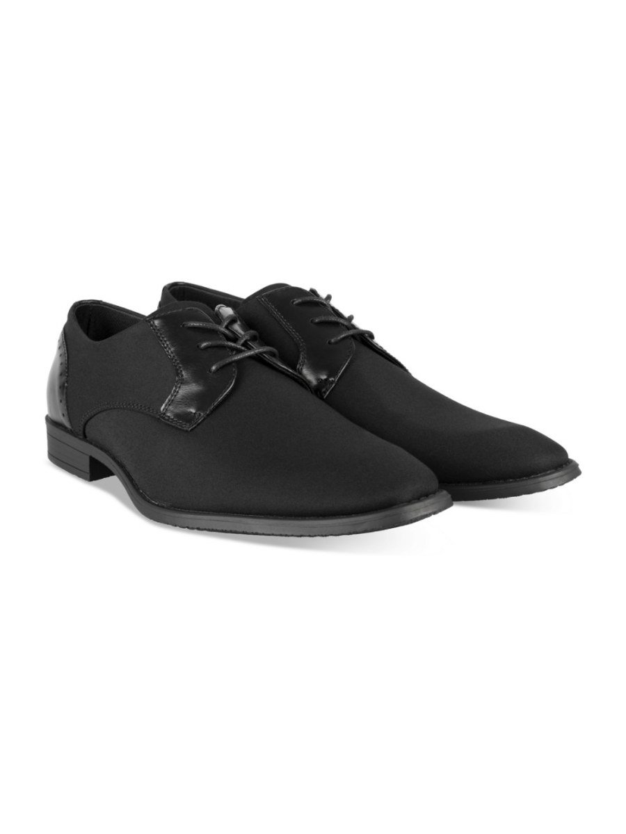 Black mixed-material derbies, brogued heel