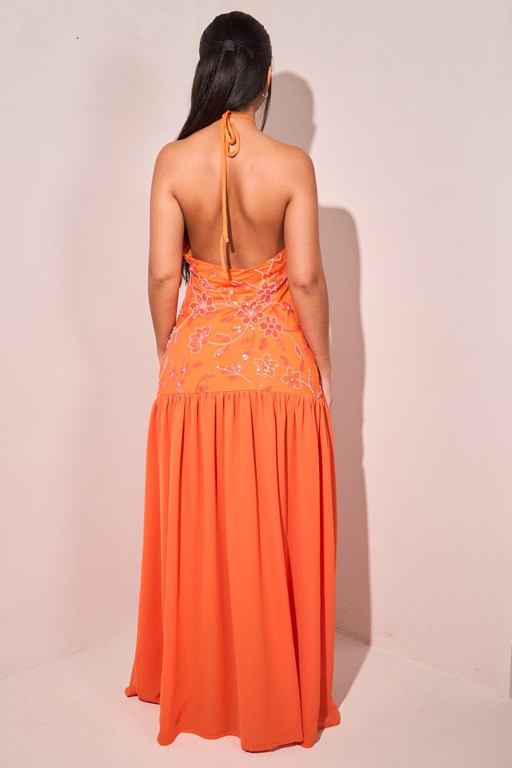 Orange backless beaded maxi dress