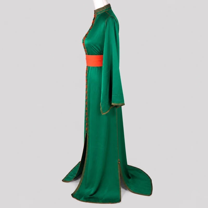 Caftan drap de soie vert doublé orange