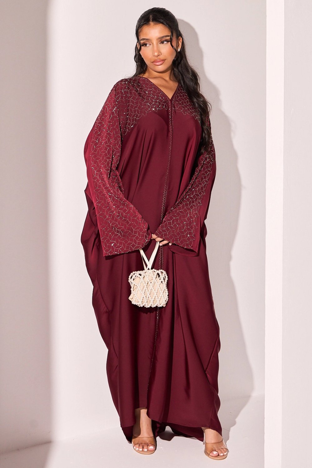 Abaya kimono bordeaux b strass wraq w voile