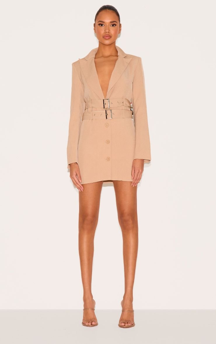 Robe Blazer Tissée Ajustée À Double Ceinture