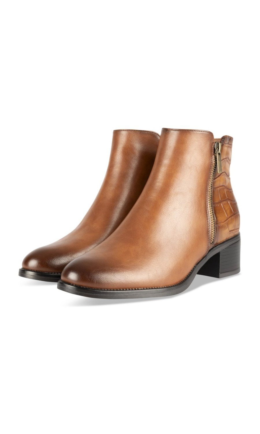 Cognac croc-effect block-heel ankle boots