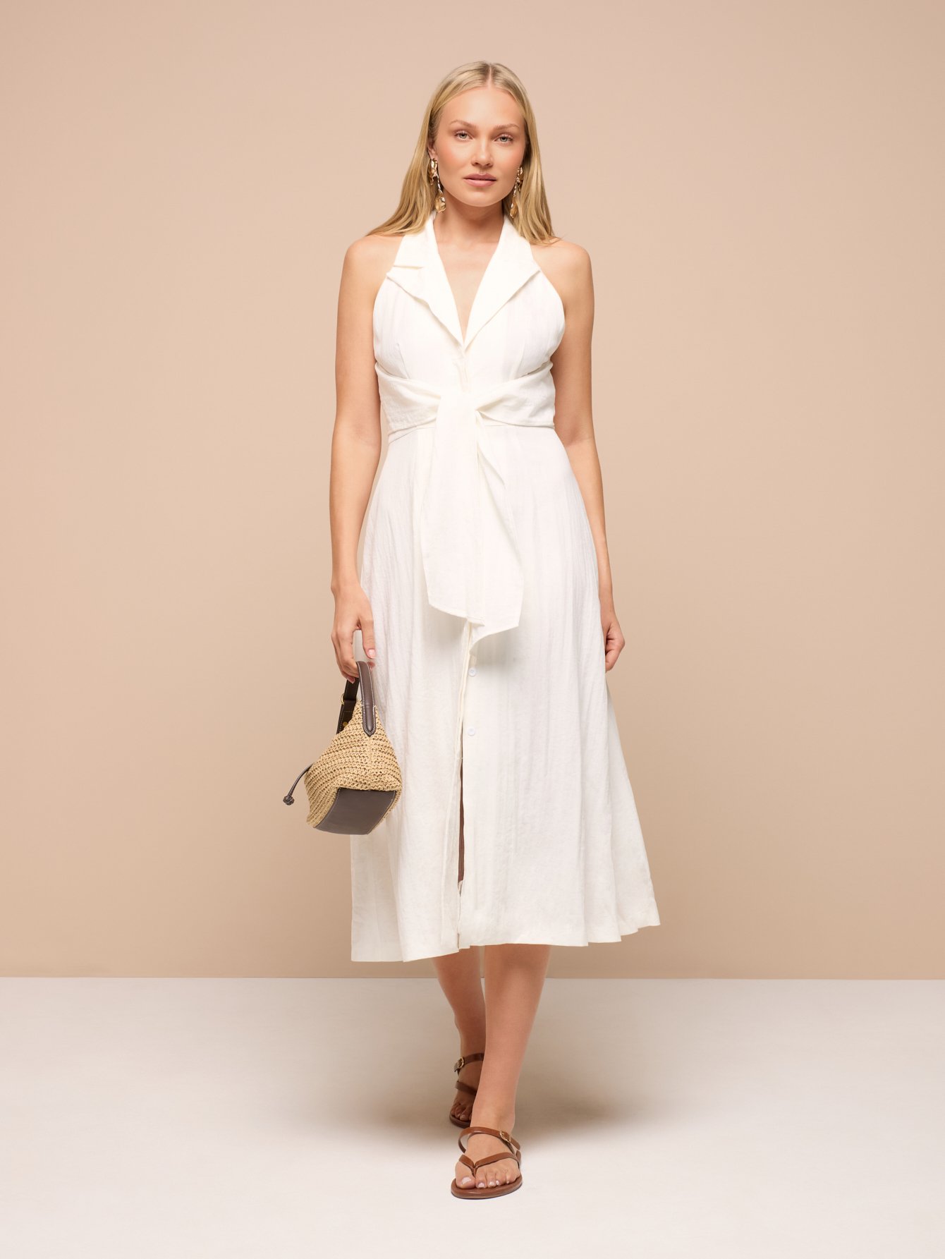 High neck flared midi dress with front bow