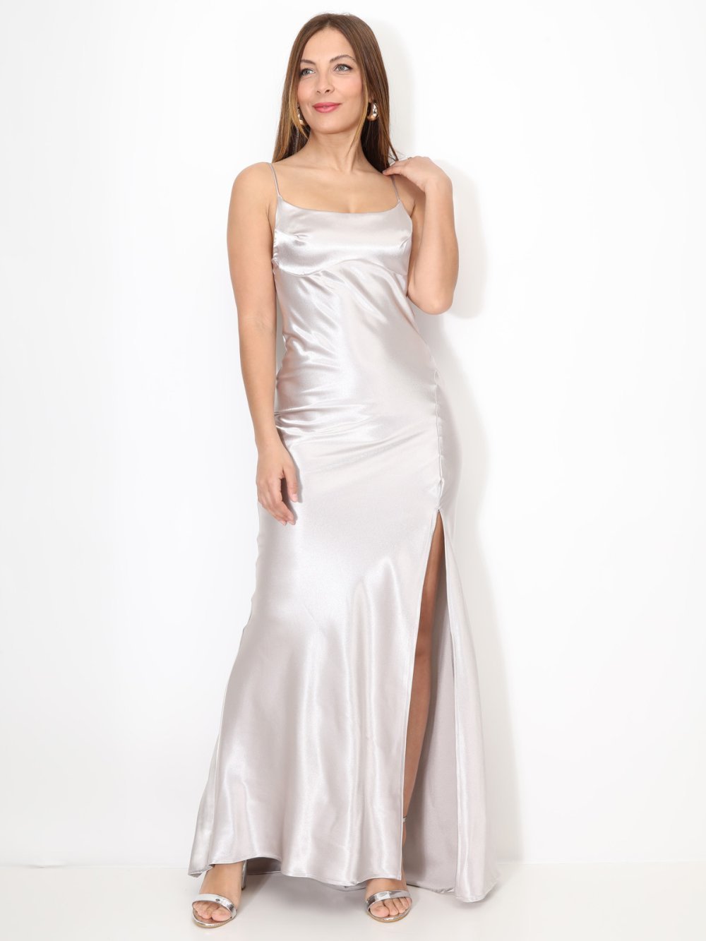 Taupe satin maxi dress with split and crossed straps