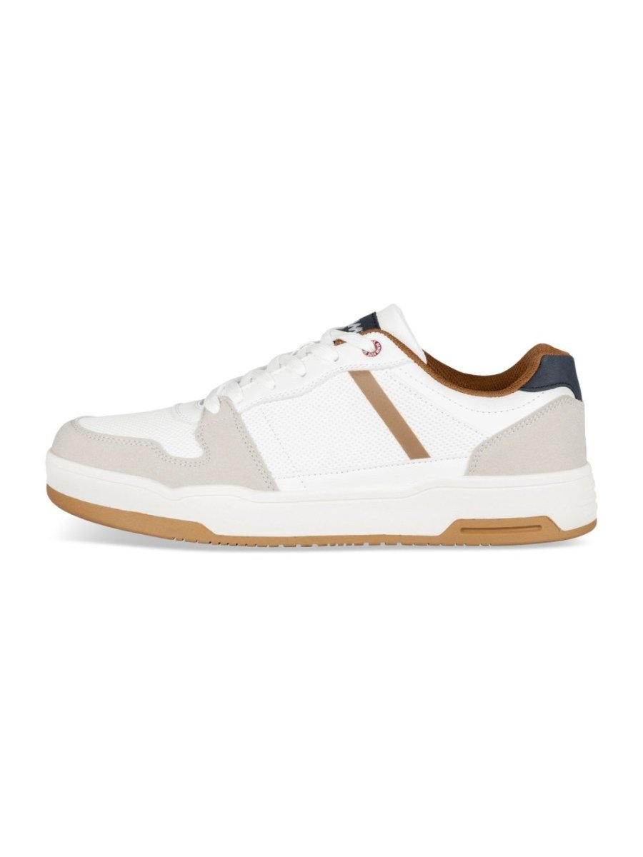 White and grey sneakers with gum sole