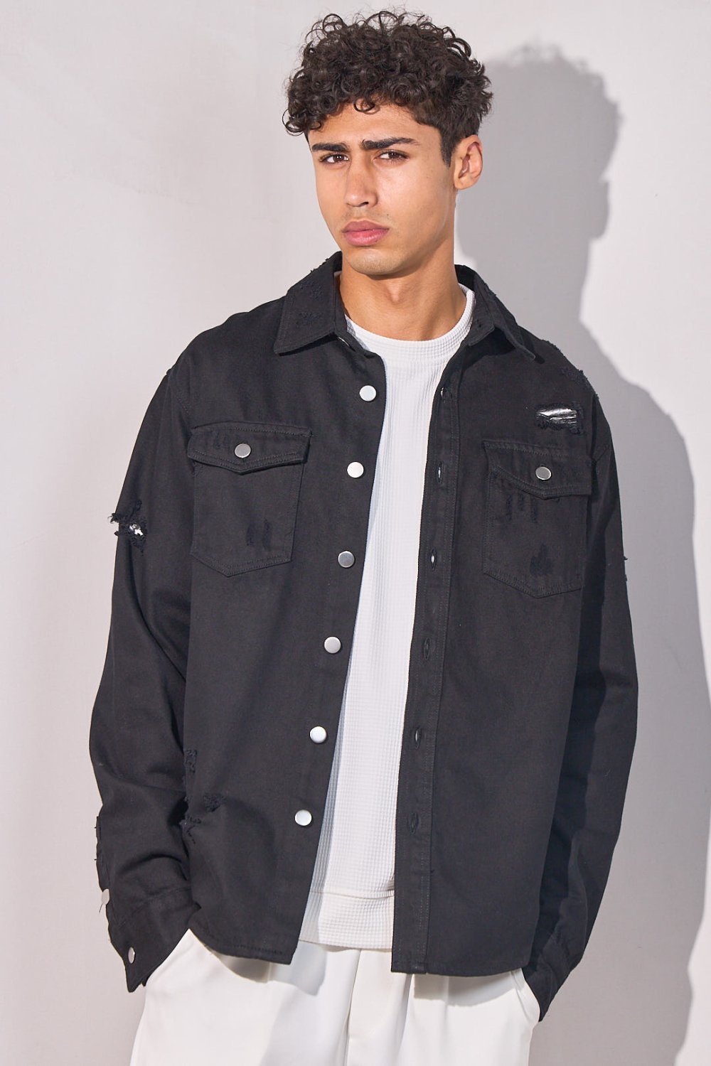 Black frayed denim shirt jacket