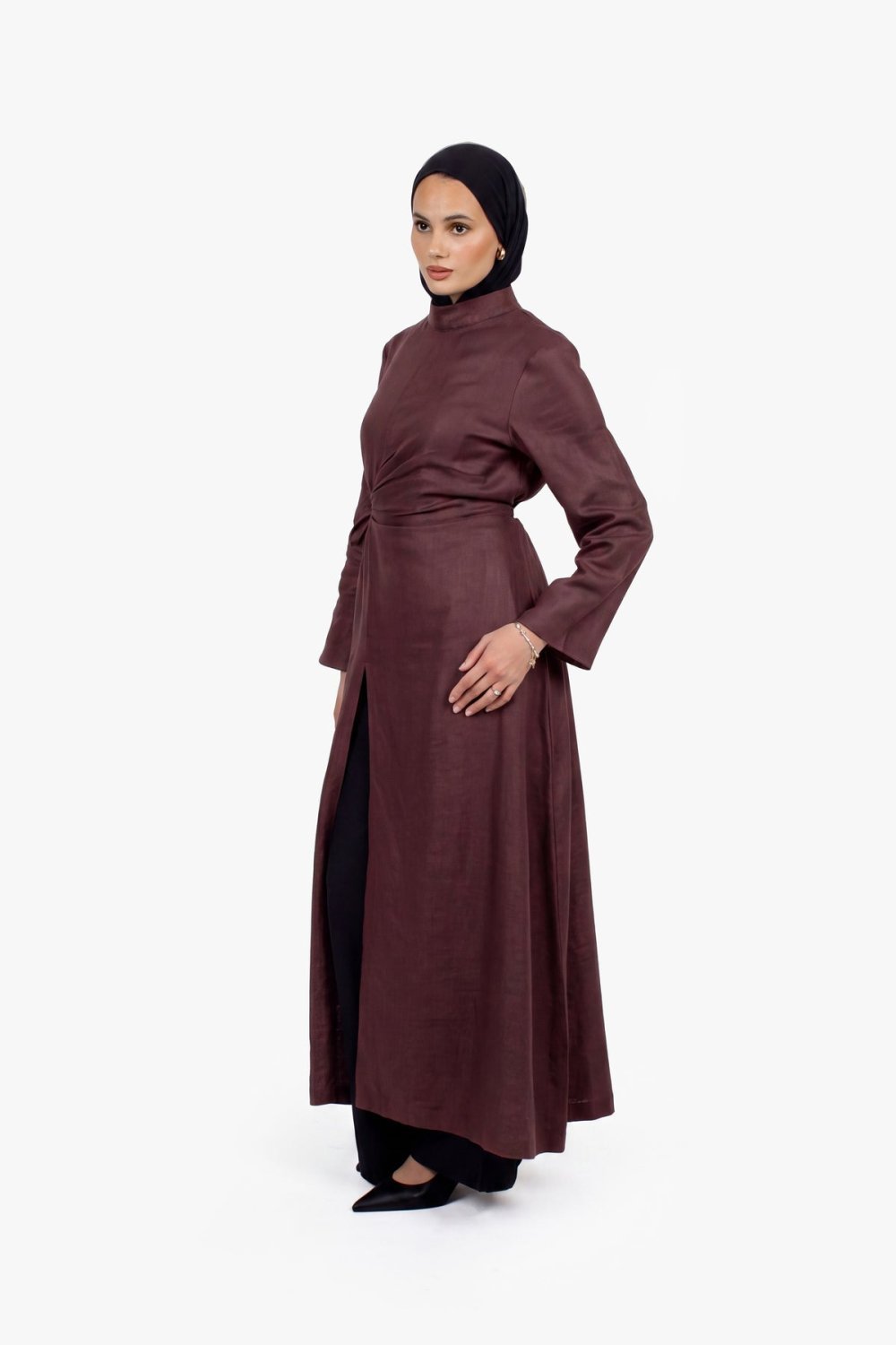 Robe longue fendue en lin et coton - Chocolat