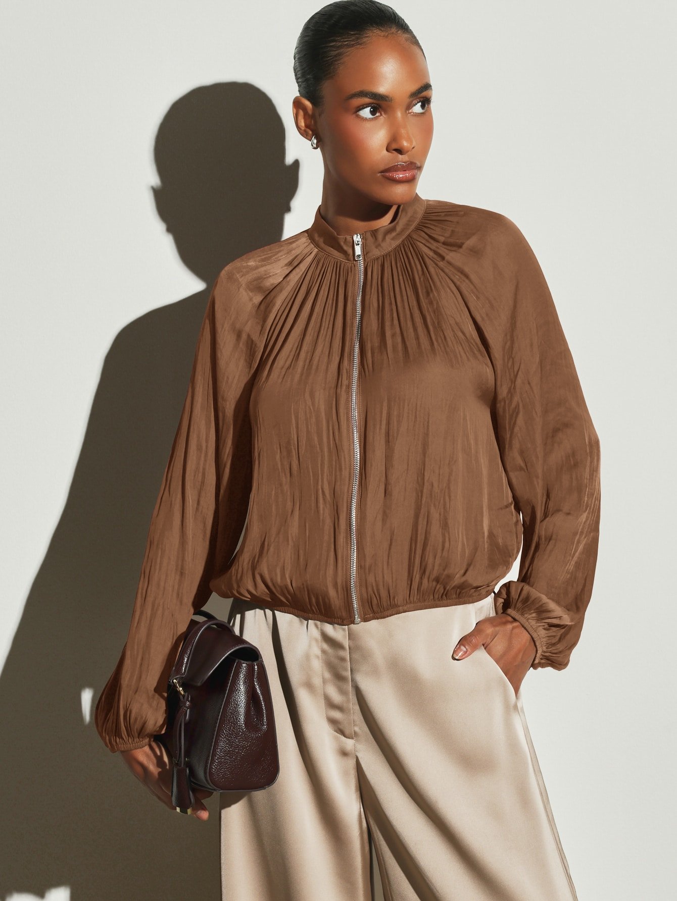 Gathered satin bomber jacket with high neck