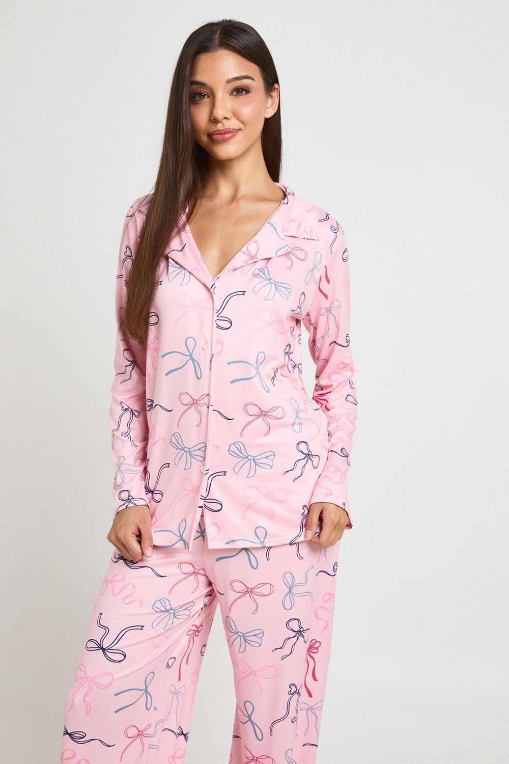 Pyjama haut et pantalon à nœuds rose pâle