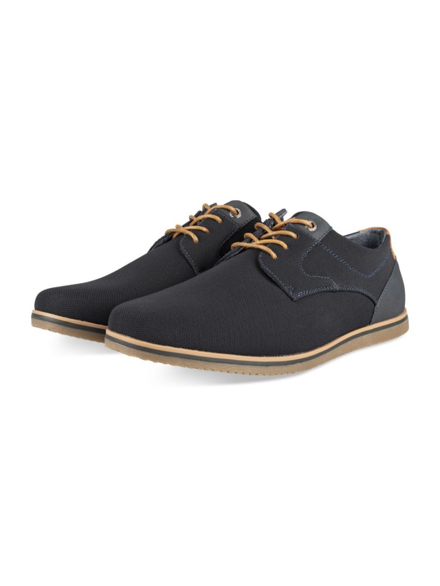 Navy casual derbies, tan laces
