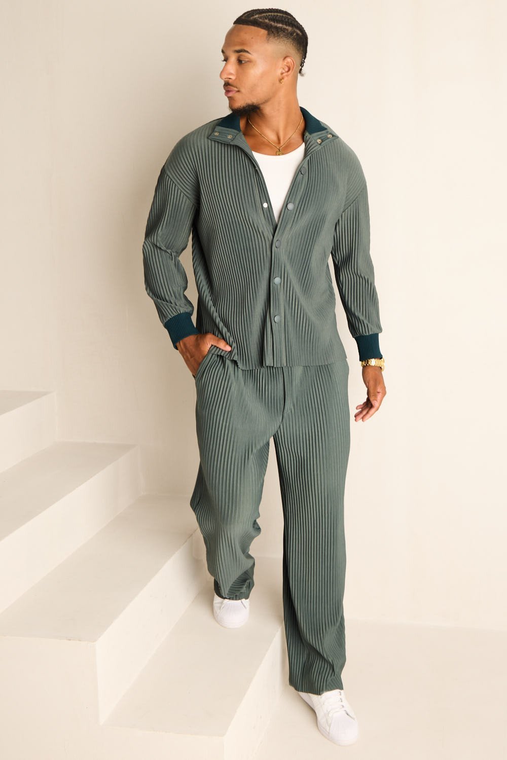 Khaki ribbed cardigan and trousers set