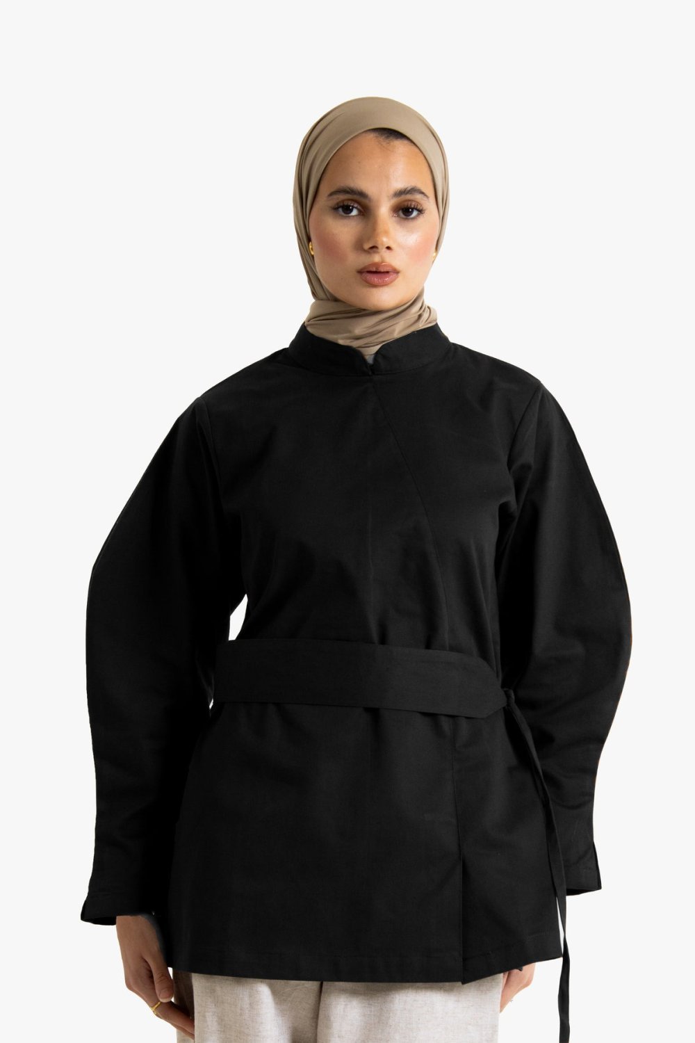 Belted lantern-sleeve cotton top - Black
