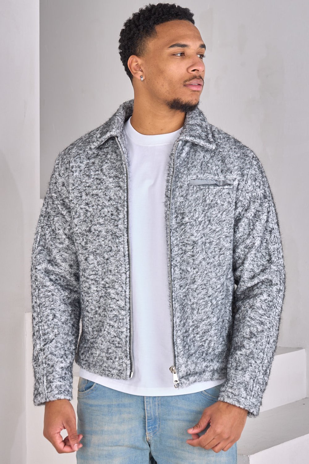 Veste polaire texturée zippée noir et blanc