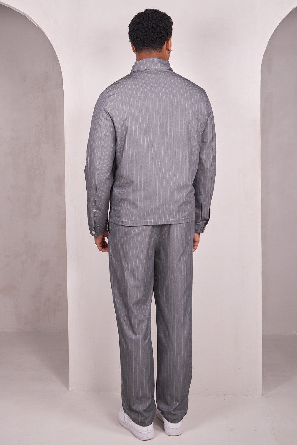 Grey striped zip jacket and trousers set