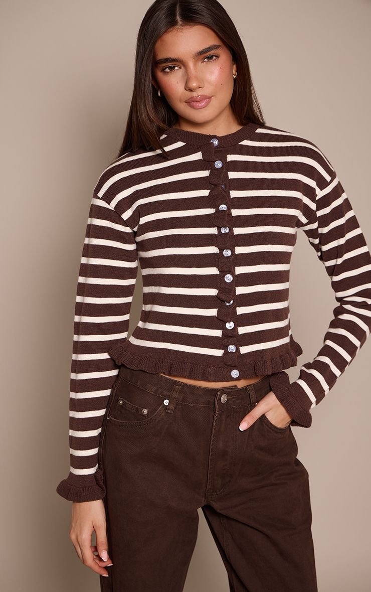 Chocolate striped cardigan with ruffles