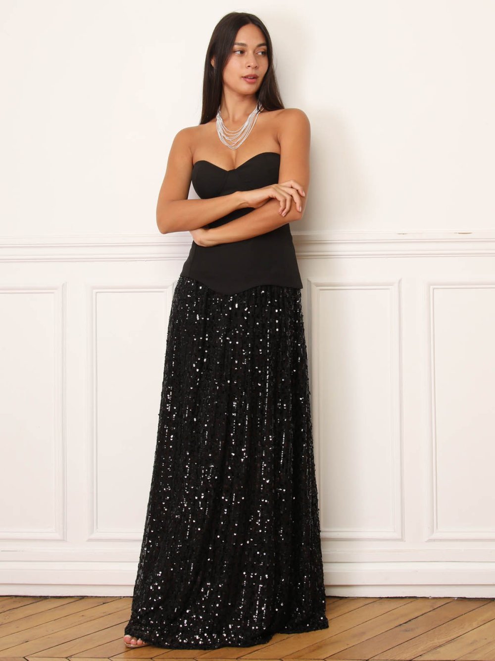 Black strapless maxi dress with sequin skirt