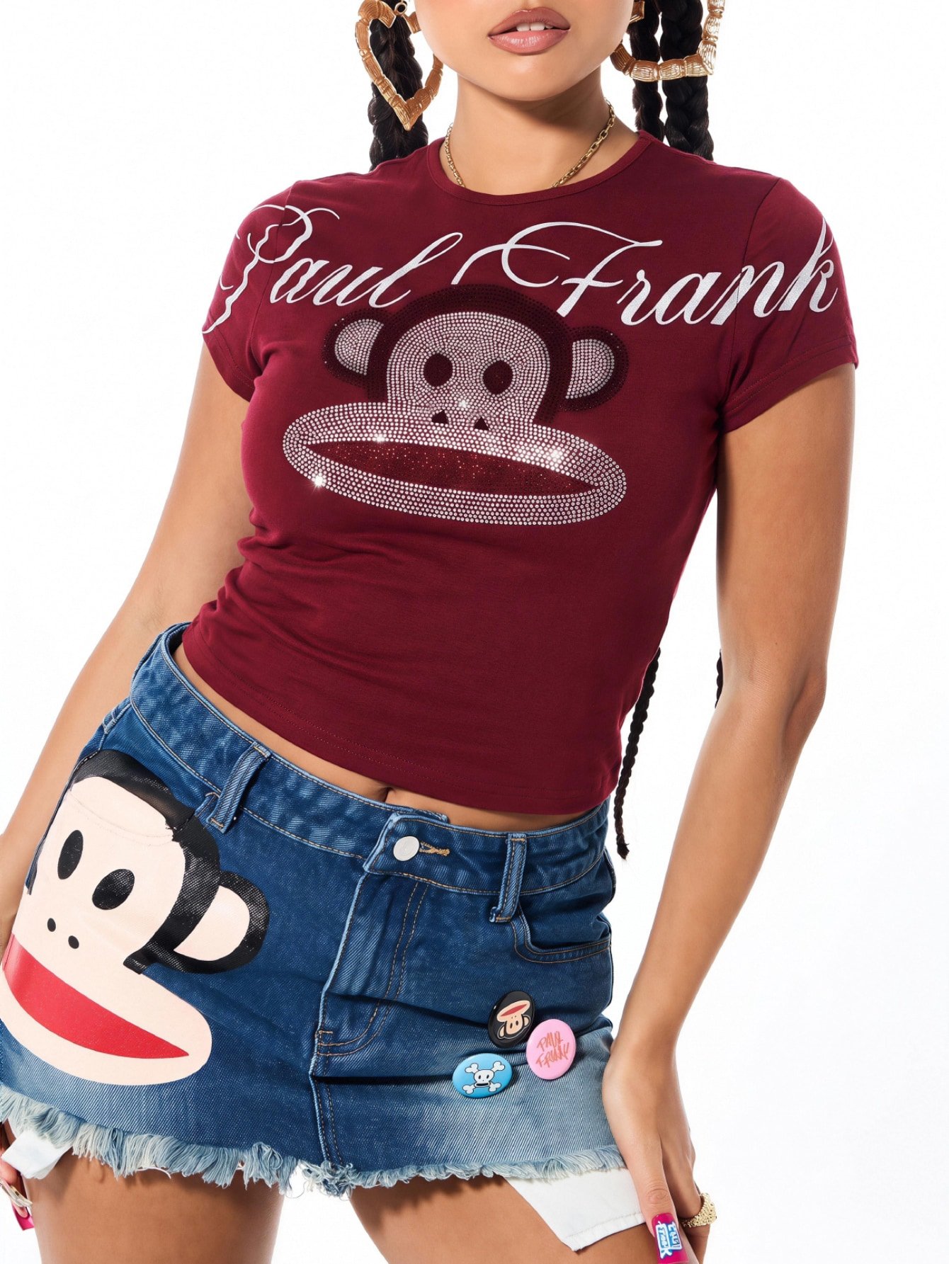 T-shirt court ajusté avec graphique de singe en strass
